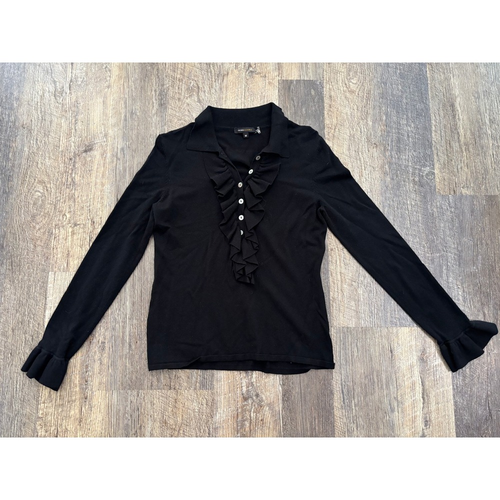 BCBGMAXAZRIA Black Ruffle Button‎ Front Knit Top Long Sleeve BC12805 Womens M